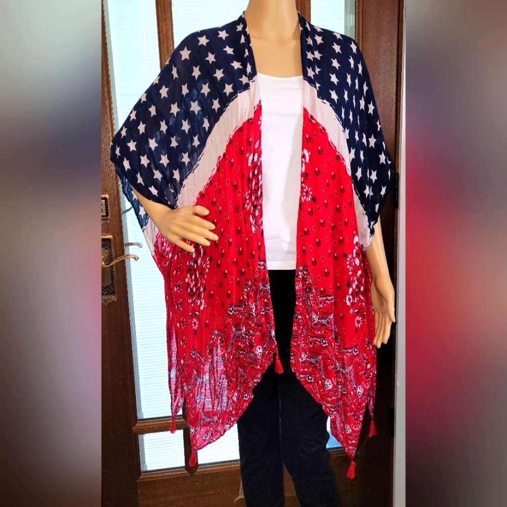 COPY - Americana Bandana Print Ruana With Tassels